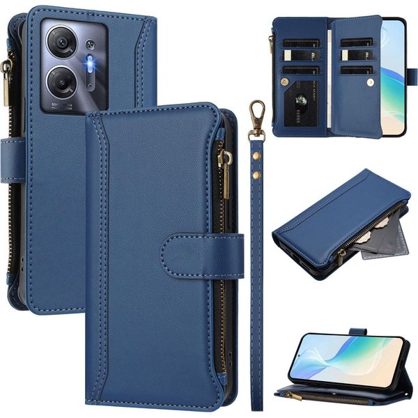 Custodia Per Infinix Hot 30 5G, Con Cerniera, Portafoglio Custodia Flip In Finto Cuoio Con Tasche Per Carte, Supporto E Passante Per Mano Blu-image
