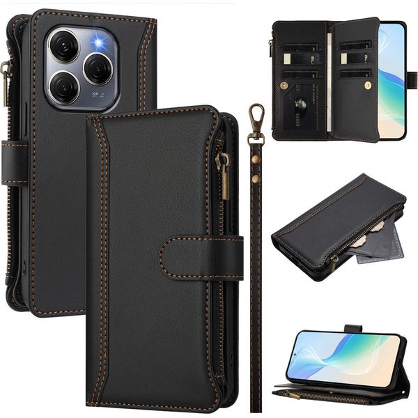 Custodia Per Tecno Spark 20 Pro 5G, Con Cerniera, Portafoglio, Flip Case In Finto Cuoio Con Tasche Per Carte, Supporto E Passante Per La Mano Nero-image
