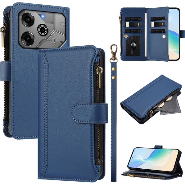 Custodia Per Tecno Spark 6 Go/Spark Go 2020/Spark Go 2021, Con Cerniera, Portafoglio Custodia Flip In Finto Cuoio Con Tasche Per Carte, Supporto E Passante Per Mano Blu-image