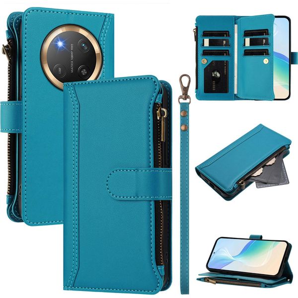 Custodia Per Honor X9C/Magic7 Lite, Con Cerniera, Portafoglio, Custodia Flip In Finto Cuoio Con Tasche Per Carte, Supporto E Passante Per Mani Lake Blu-image