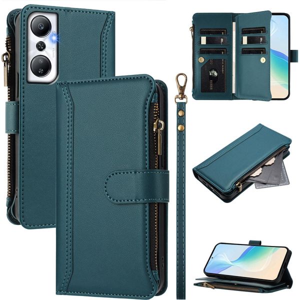 Custodia Per Infinix Hot 20 4G, Con Cerniera, Portafoglio In Finto Cuoio Con Tasche Per Carte, Supporto E Passante Per La Mano Verde-image
