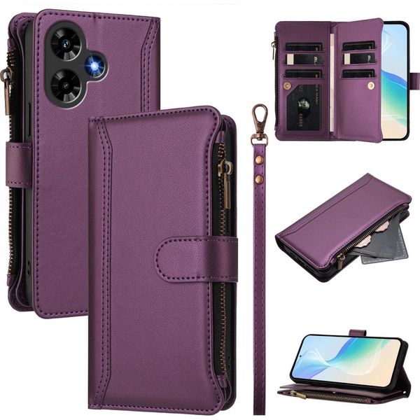 Custodia Per Infinix Hot 30 4G, Con Cerniera, Portafoglio In Finto Cuoio Con Tasche Per Carte, Supporto E Passante Per La Mano Viola-image