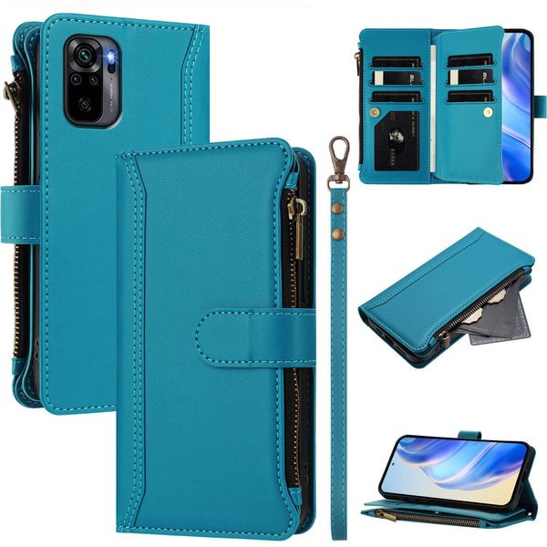 Custodia Per Xiaomi Redmi Note 10 4G/Note 10S/Poco M5S, Con Cerniera, Portafoglio Custodia Flip In Finto Cuoio Con Tasche Per Carte, Supporto E Passante Per La Mano Lago Blu-image