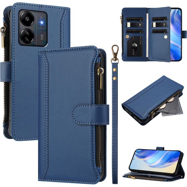 Custodia Per Xiaomi Redmi 13C/Redmi 13C 5G/Poco M6 5G/Poco C65, Con Cerniera, Portafoglio Custodia Flip In Finto Cuoio Con Tasche Per Carte, Supporto E Passante Per Mano Blu-image