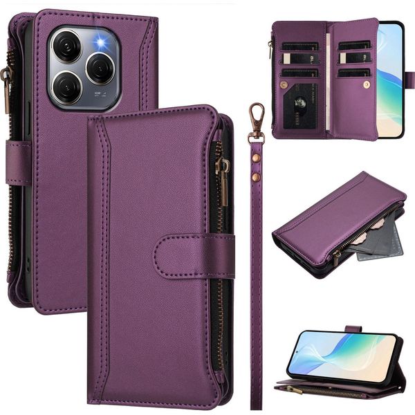 Custodia Per Tecno Spark 20 Pro 5G, Con Cerniera, Portafoglio, Custodia Flip In Finto Cuoio Con Tasche Per Carte, Supporto E Passante Viola-image