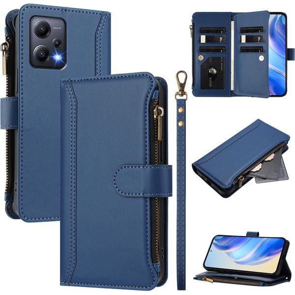Custodia Per Xiaomi Redmi Note 12 5G/Poco X5, Con Cerniera, Portafoglio Custodia Flip In Finto Cuoio Con Tasche Per Carte, Supporto E Passante Per Le Mani Blu-image