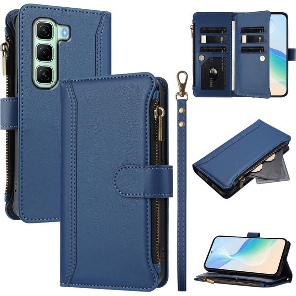 Custodia Per Infinix Hot 50 5G, Con Cerniera, Portafoglio Custodia Flip In Finto Cuoio Con Tasche Per Carte, Supporto E Passante Per Mani Blu-image