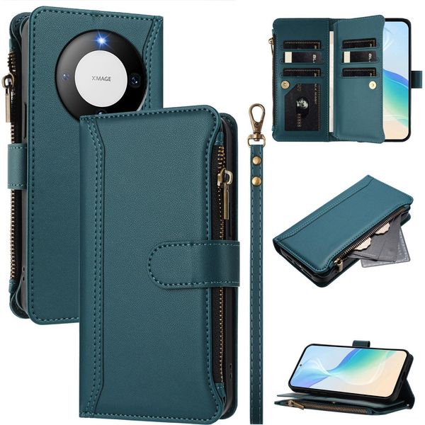 Custodia Per Huawei Mate 60 Pro/Mate 60 Pro+, Con Cerniera, Portafoglio, Custodia Flip In Finto Cuoio Con Tasche Per Carte, Supporto E Passante Per La Mano Verde-image