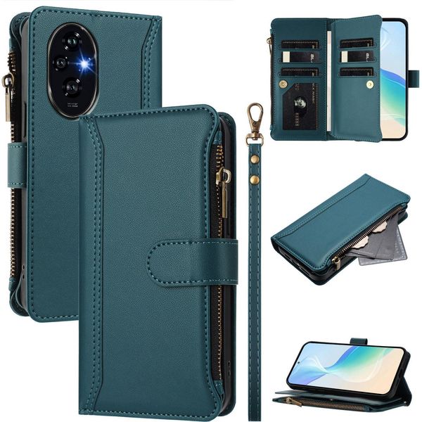 Custodia Per Honor 200, Con Cerniera, Portafoglio Custodia Flip In Finto Cuoio Con Tasche Per Carte, Supporto E Passante Per Mano Verde-image