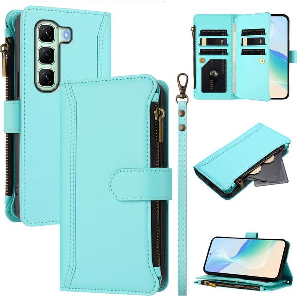 Custodia Per Infinix Hot 50 5G, Con Cerniera, Custodia Flip Wallet In Finto Cuoio Con Tasche Per Carte, Supporto E Passante Per Mano Verde Menta-image