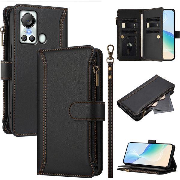 Custodia Per Itel S18, Con Cerniera, Portafoglio Custodia Flip In Finto Cuoio Con Tasche Per Carte, Supporto E Passante Per Mano Nero-image