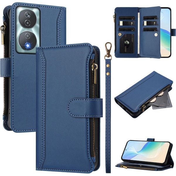 Custodia Per Honor 90 Smart/Honor X7B/X7B 5G, Con Cerniera, Portafoglio Custodia Flip In Finto Cuoio Con Tasche Per Carte, Supporto E Passante Per Mano Blu-image