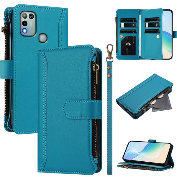Custodia Per Infinix Hot 9 Play/Hot 10 Play/Hot 11 Play, Flip Case In Finto Cuoio Con Cerniera E Portafoglio, Tasche Per Carte, Supporto E Passante Per La Mano Lake Blue-image