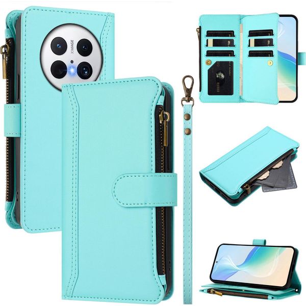 Custodia Per Huawei Mate 70 Pro/Mate 70 Pro+, Con Cerniera, Portafoglio, Custodia Flip In Finto Cuoio Con Tasche Per Carte, Supporto E Passante Per La Mano Verde Menta-image