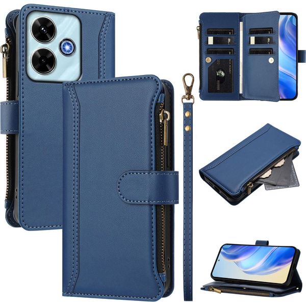 Custodia Per Xiaomi Poco M6 4G/Redmi 13/Redmi 13 5G, Con Cerniera, Portafoglio Custodia Flip In Finto Cuoio Con Tasche Per Carte, Supporto E Passante Per Mano Blu-image