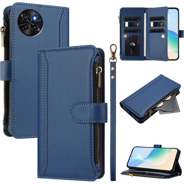 Custodia Per Itel S23, Con Cerniera, Portafoglio Custodia Flip In Finto Cuoio Con Tasche Per Carte, Supporto E Passante Per Mano Blu-image