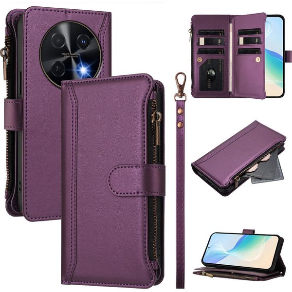Custodia Per Huawei Nova 12I/Nova 13I, Con Cerniera, Portafoglio, Custodia Flip In Finto Cuoio Con Tasche Per Carte, Supporto E Passante Viola-image