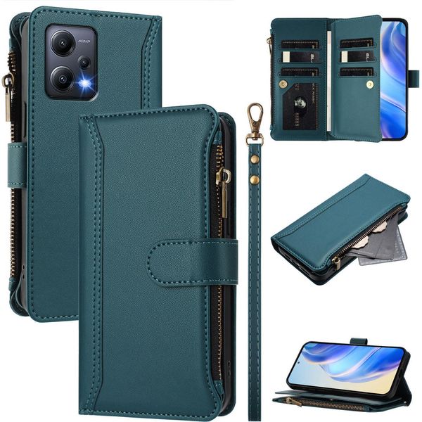 Custodia Per Xiaomi Redmi Note 12 5G/Poco X5, Con Cerniera, Portafoglio Custodia Flip In Finto Cuoio Con Tasche Per Carte, Supporto E Passante Per Mano Verde-image