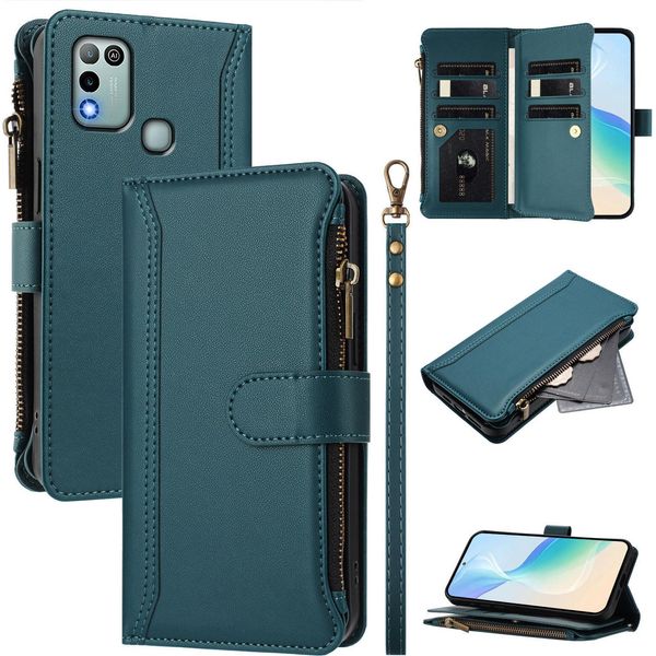 Custodia Per Infinix Hot 9 Play/Hot 10 Play/Hot 11 Play, Con Cerniera, Portafoglio Custodia Flip In Finto Cuoio Con Tasche Per Carte, Supporto E Passante Per La Mano, Verde-image