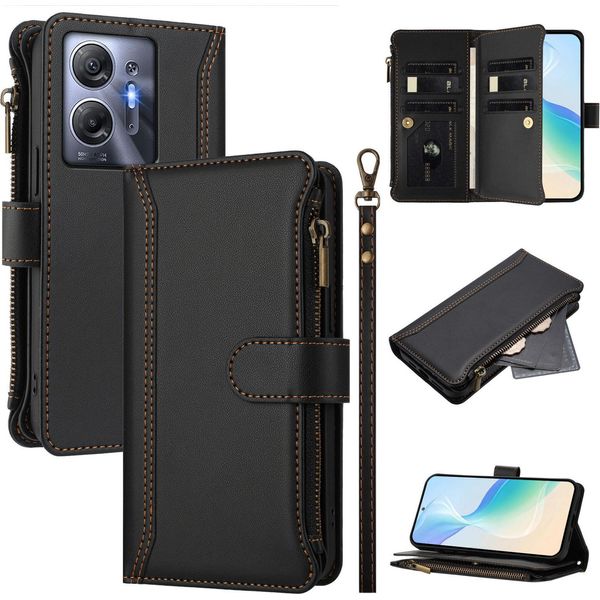 Custodia Per Infinix Hot 30 5G, Con Cerniera, Portafoglio In Finto Cuoio Con Tasche Per Carte, Supporto E Passante Per La Mano Nero-image