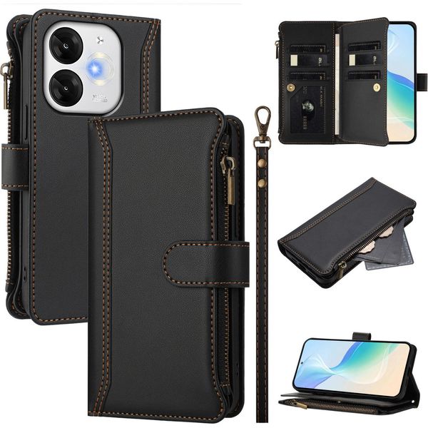Custodia Per Itel A80, Con Cerniera, Portafoglio Custodia Flip In Finto Cuoio Con Tasche Per Carte, Supporto E Passante Per Mano Nero-image