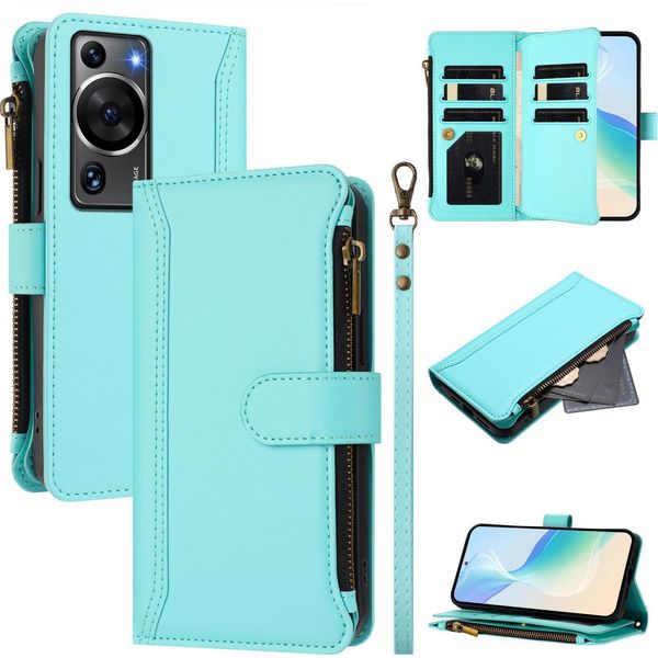 Custodia Per Huawei P60/P60 Pro, Con Cerniera, Portafoglio In Finto Cuoio Con Tasche Per Carte, Supporto E Passante Per La Mano Verde Menta-image
