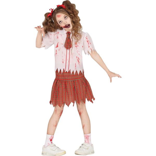 Zombie Halloween Scuola Outfit Spaventoso Idea Costume Bambini Camicetta Cravatta Gonna Sangue Horror, Taglia: 110/116 Colore: Bianco-image