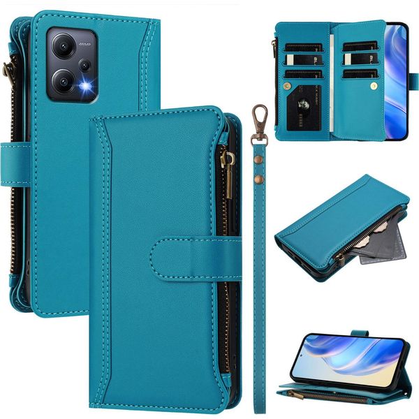 Custodia Per Xiaomi Redmi Note 12 5G/Poco X5, Con Cerniera, Portafoglio Custodia Flip In Finto Cuoio Con Tasche Per Carte, Supporto E Passante Per La Mano Lago Blu-image
