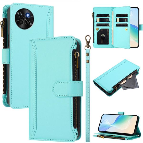 Custodia Per Itel S23, Con Cerniera, Portafoglio Custodia Flip In Finto Cuoio Con Tasche Per Carte, Supporto E Passante Per Mano Verde Menta-image