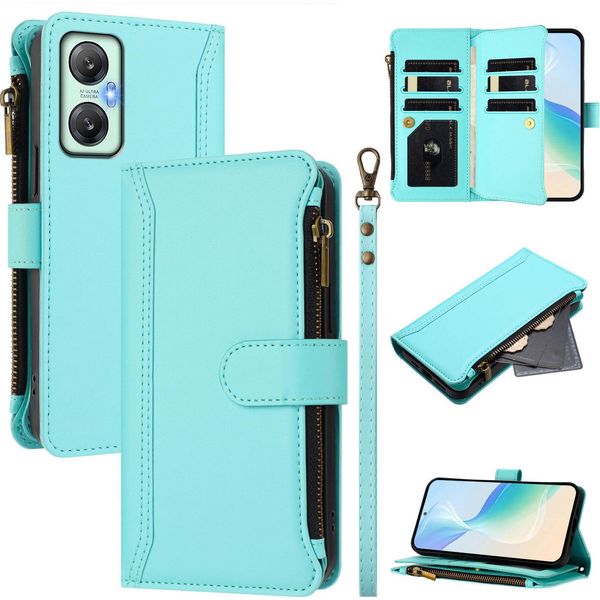 Custodia Per Infinix Hot 20 5G, Con Cerniera, Custodia Flip Wallet In Finto Cuoio Con Tasche Per Carte, Supporto E Passante Per Mano Verde Menta-image