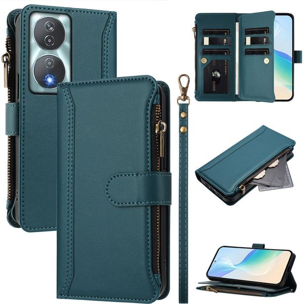 Custodia Per Honor 90 Smart/Honor X7B/X7B 5G, Con Cerniera, Portafoglio Custodia Flip In Finto Cuoio Con Tasche Per Carte, Supporto E Passante Per Mano Verde-image