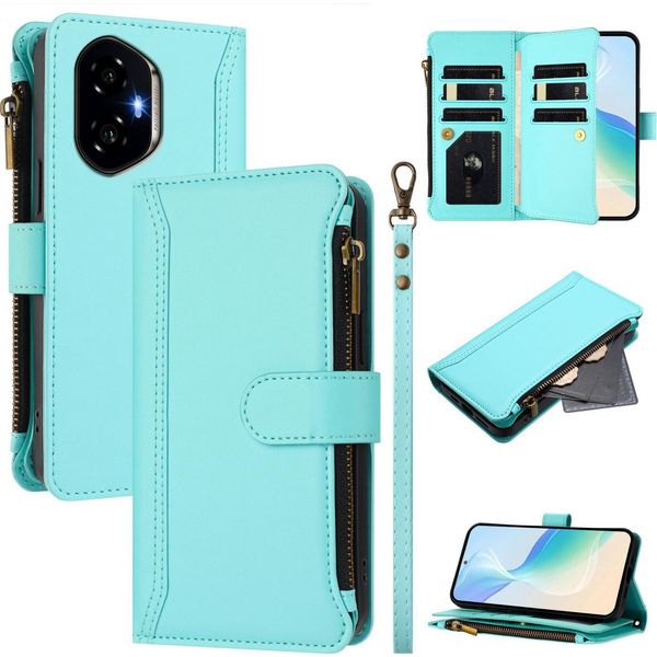 Custodia Per Honor 300, Con Cerniera, Portafoglio Custodia Flip In Finto Cuoio Con Tasche Per Carte, Supporto E Passante Verde Menta-image