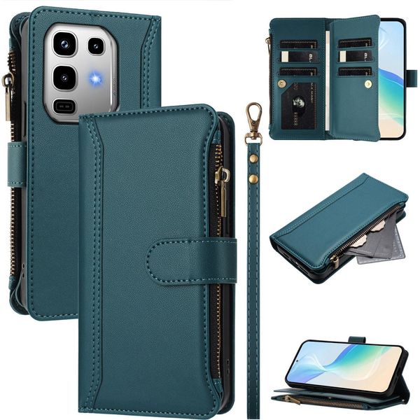 Custodia Per Infinix Note 50 4G/Note 50 Pro 4G, Con Cerniera, Portafoglio Custodia Flip In Finto Cuoio Con Tasche Per Carte, Supporto E Passante Per Mano Verde-image