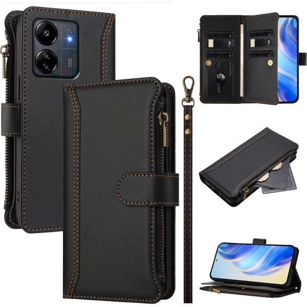Custodia Per Xiaomi Redmi 13C/Redmi 13C 5G/Poco M6 5G/Poco C65, Con Cerniera, Portafoglio Custodia Flip In Finto Cuoio Con Tasche Per Carte, Supporto E Passante Per Mano Nero-image
