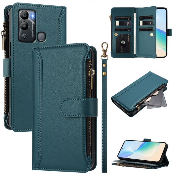 Custodia Per Infinix Hot 12I/Hot 20I, Con Cerniera, Portafoglio Custodia Flip In Finto Cuoio Con Tasche Per Carte, Supporto E Passante Per Mano Verde-image