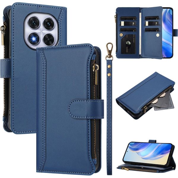 Custodia Per Xiaomi Redmi Note 14 Pro 4G, Con Cerniera, Portafoglio In Finto Cuoio Con Tasche Per Carte, Supporto E Passante Per Mano Blu-image