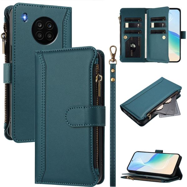 Custodia Per Huawei Nova 8I, Con Cerniera, Portafoglio In Finto Cuoio Con Tasche Per Carte, Supporto E Passante Per Mano Verde-image