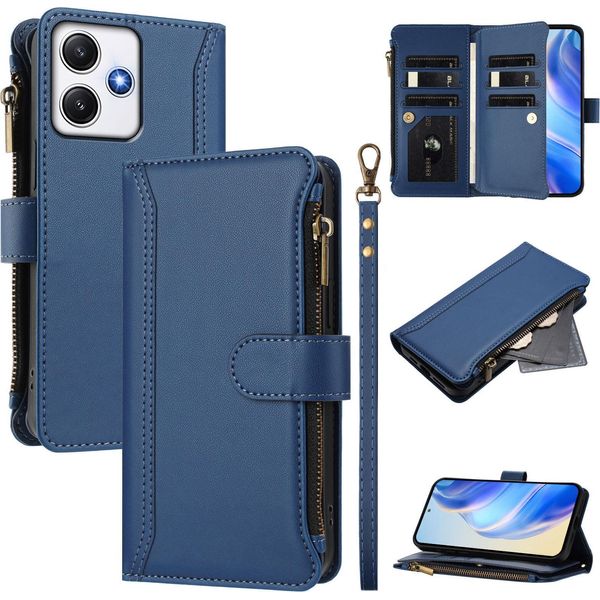 Custodia Per Xiaomi Redmi 12/Redmi 12 5G/Poco M6 Pro 5G, Con Cerniera, Portafoglio Custodia Flip In Finto Cuoio Con Tasche Per Carte, Supporto E Passante Per Mano Blu-image