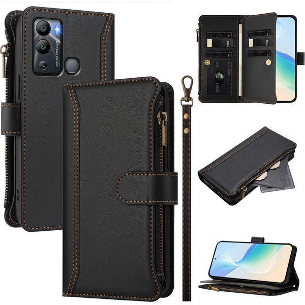 Custodia Per Infinix Hot 12I/Hot 20I, Con Cerniera, Portafoglio, Custodia Flip In Finto Cuoio Con Tasche Per Carte, Supporto E Passante Per La Mano Nero-image