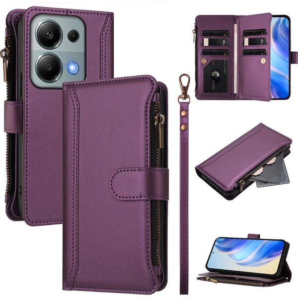 Custodia Per Xiaomi Redmi Note 13 Pro 4G/Poco M6 Pro 4G, Custodia Flip In Finto Cuoio Con Cerniera E Portafoglio, Tasche Per Carte, Supporto E Passante Per Mano Viola-image