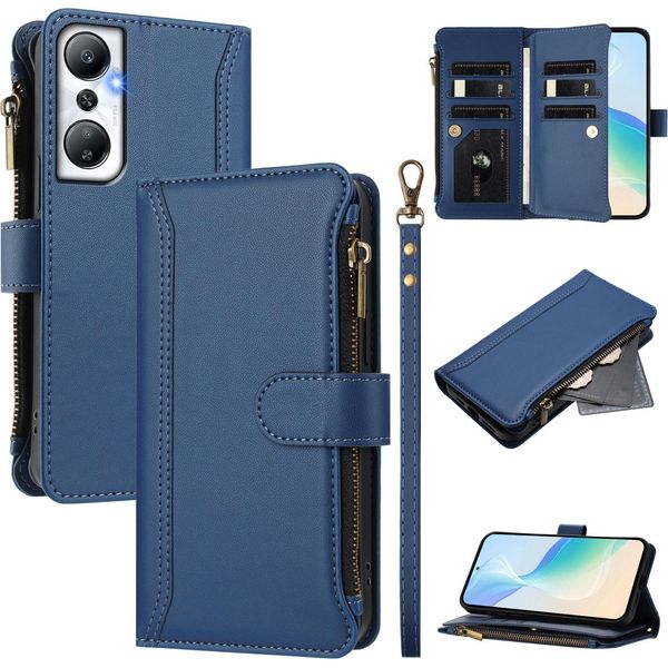 Custodia Per Infinix Hot 20 4G, Con Cerniera, Portafoglio In Finto Cuoio Con Tasche Per Carte, Supporto E Passante Blu-image