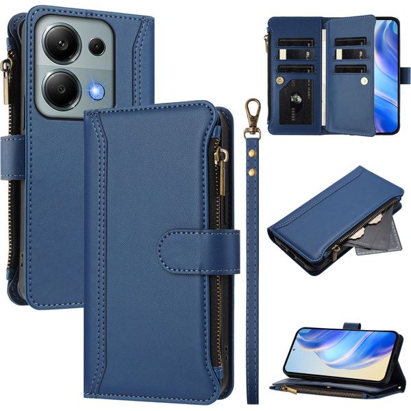 Custodia Per Xiaomi Redmi Note 13 Pro 4G/Poco M6 Pro 4G, Con Cerniera, Portafoglio In Finto Cuoio Con Tasche Per Carte, Supporto E Passante Per Mano Blu-image