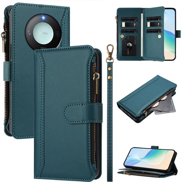 Custodia Per Honor X9C Smart, Con Cerniera, Portafoglio Custodia Flip In Finto Cuoio Con Tasche Per Carte, Supporto E Passante Per Le Mani Verde-image