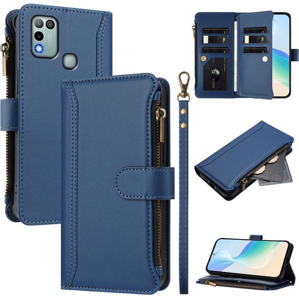 Custodia Per Infinix Hot 9 Play/Hot 10 Play/Hot 11 Play, Con Cerniera, Portafoglio Custodia Flip In Finto Cuoio Con Tasche Per Carte, Supporto E Passante Per Mano Blu-image