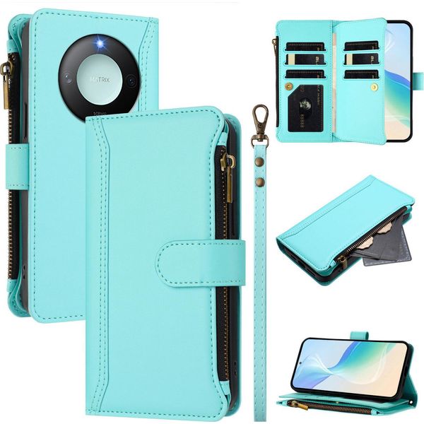 Custodia Per Honor X9C Smart, Con Cerniera, Portafoglio Custodia Flip In Finto Cuoio Con Tasche Per Carte, Supporto E Passante Per Mano Verde Menta-image
