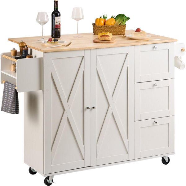 Carrello Portavivande Carrello Da Cucina 1430 X 680 X 990 Mm, 136 Kg Di Portata Mobile Da Cucina A Isola, Carrello Da Cucina Con Porta Asciugamani E 2 Cassetti, Mobile Microonde Carrello Da Cucina In Legno Massiccio-image