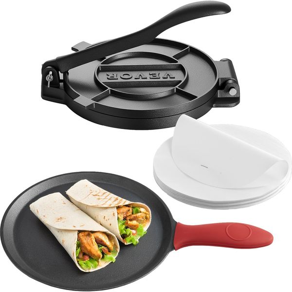 Vevor Pressa Per Tortilla (25 Cm) In Ferro Grigio, Robusta Pataconera Con Manico E 100 Pezzi Di Carta Pergamena. Carta Pergamena, Pressa Per Tortilla, Pataconera Colombiana Professionale Per Roti-image