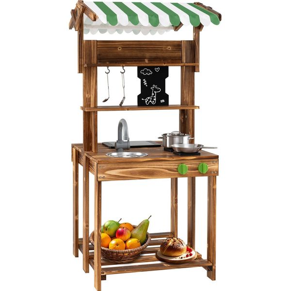 Costway Kids Cucina Di Fango All'aperto, Cucina Per Bambini Bifacciale Con Tetto, Lavagna, Lavello E Rubinetto, Cucina Da Esterno In Legno Per Bambini 3+-image