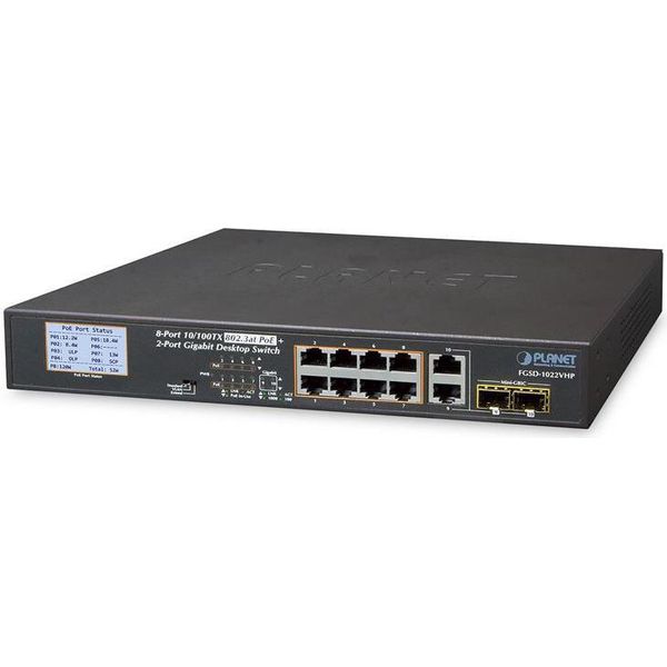 Planet FGSD-1022VHP Planet 8-Port 10/100TX 802.3At Combo Poe Switch 2-Port Gigabit Tp/Sfp, With Lcd Poe Monitor, 120 Watts-image
