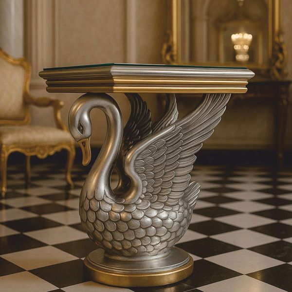 Casa Padrino Tavolino Barocco Cigno Con Piano In Vetro Argento/Oro H. 78 Cm - Interno Barocco-image